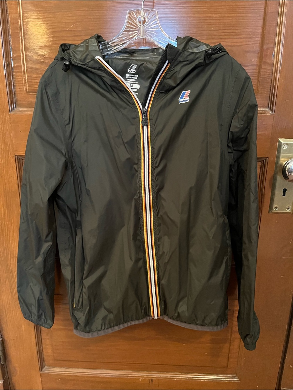 K-Way Black Hooded Windbreaker with Multicolor Striped Zip Size M